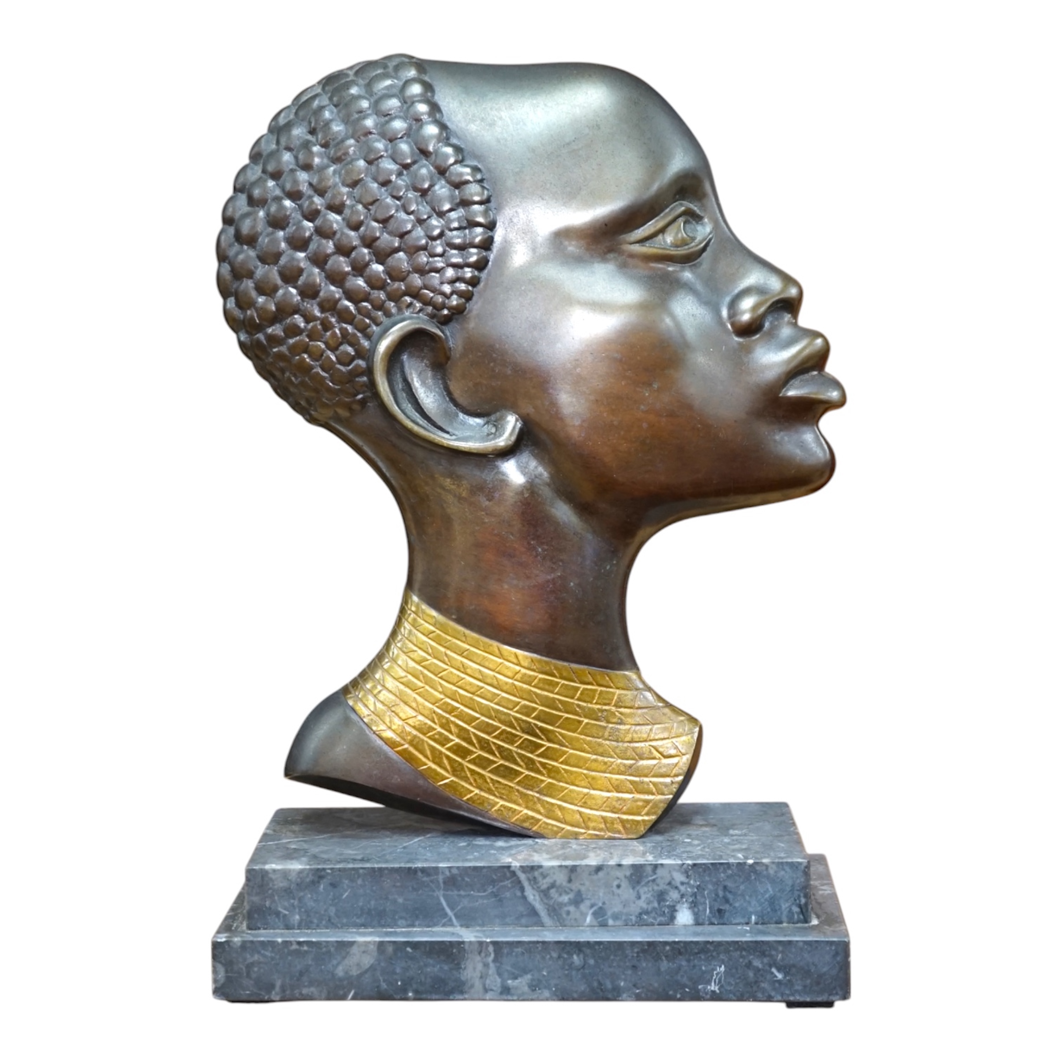 An Art Deco Hagenauer style bronze study of an African lady, stepped marble base, 28cm. Condition - earring missing